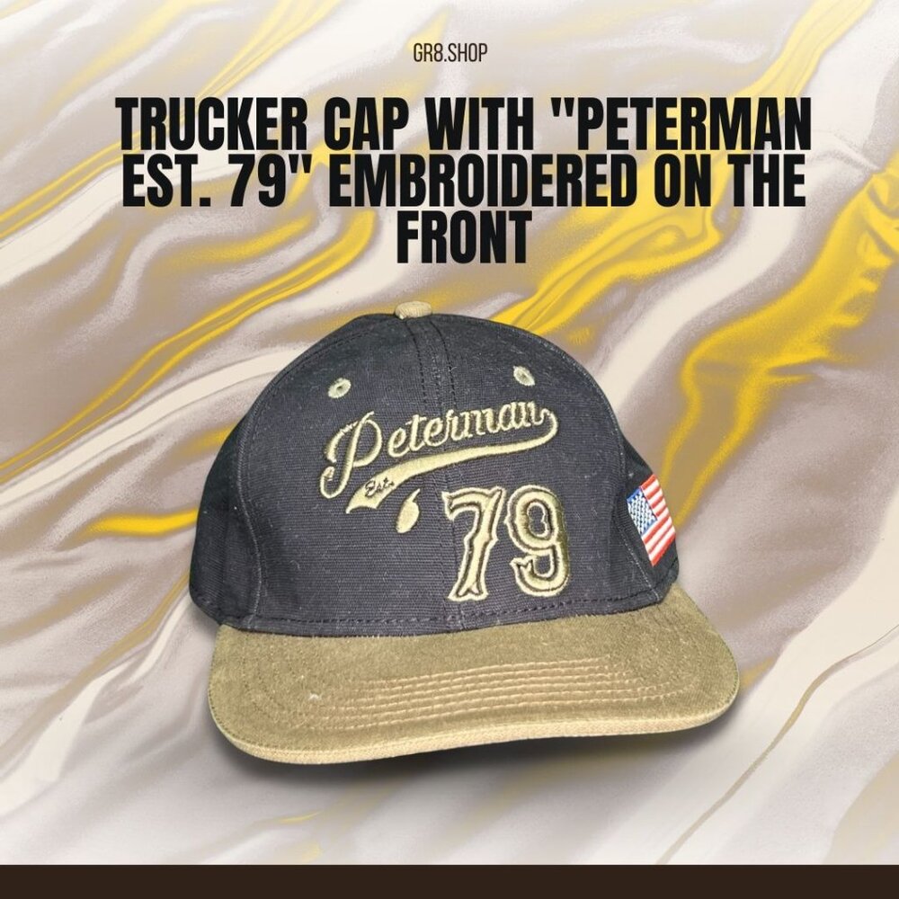 Trucker Cap With "Peterman Est. 79" Embroidered Front & American Flag Patch